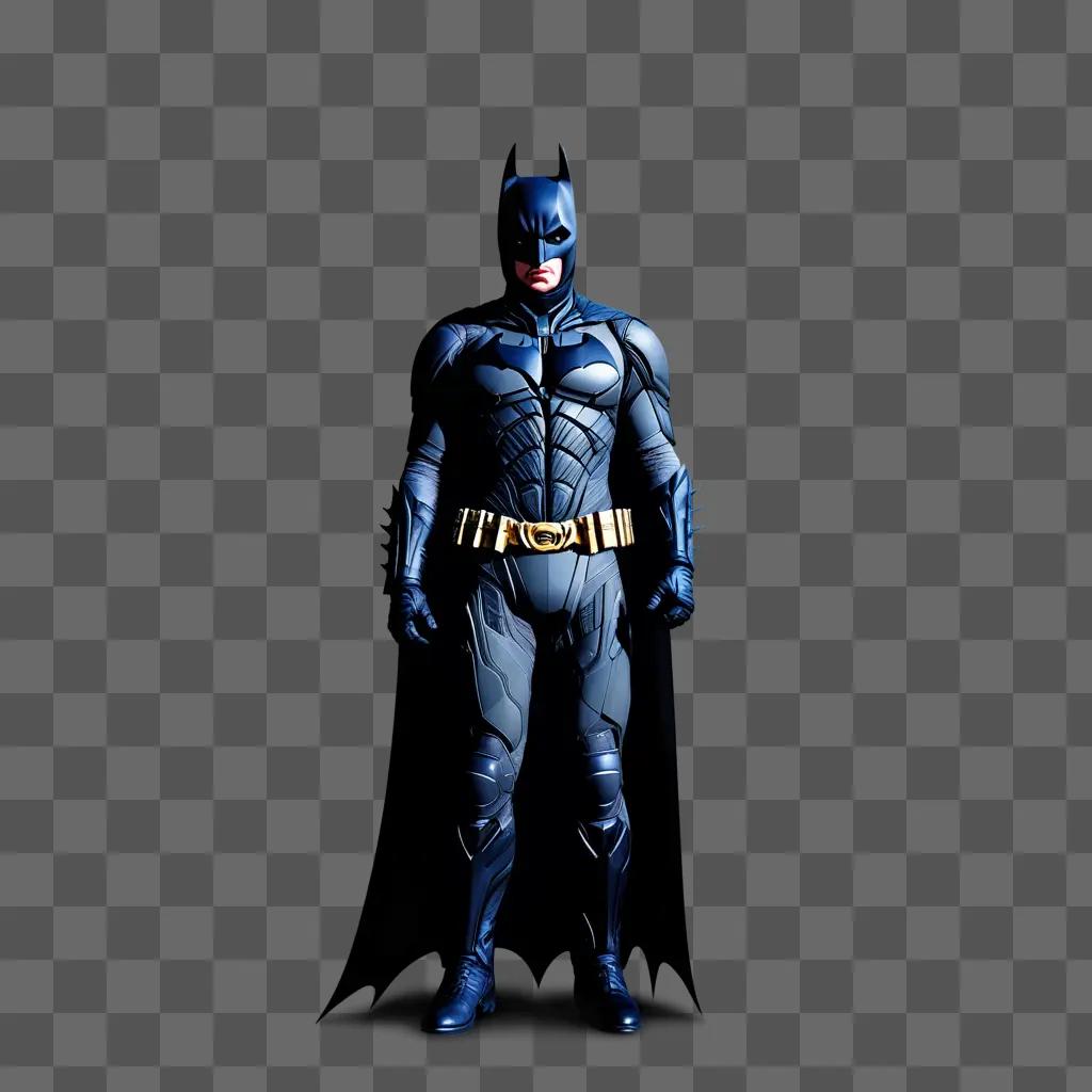 フルコスチュームを着たバットマンが暗い背景に立つ