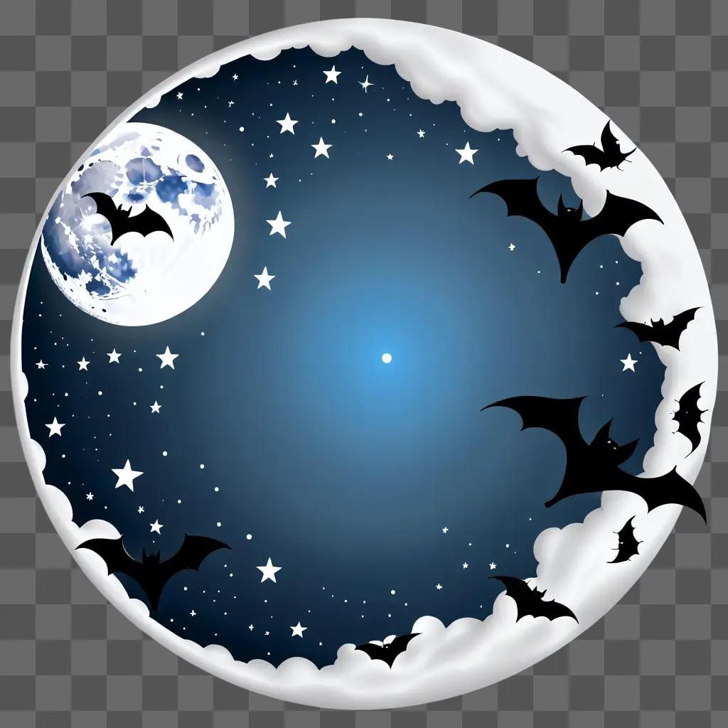 Bats flying around the moon with stars