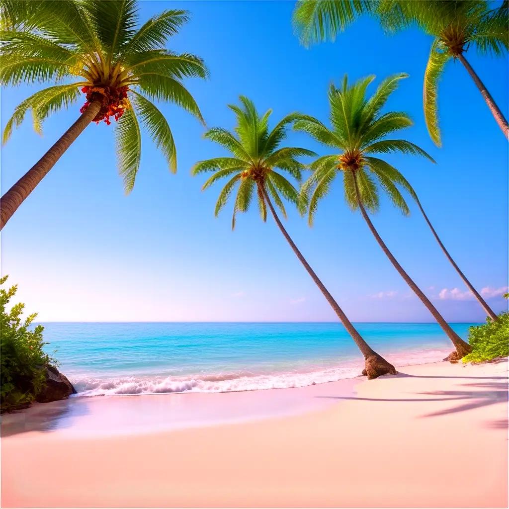 Beach scene with palm trees, waves, and clear sky