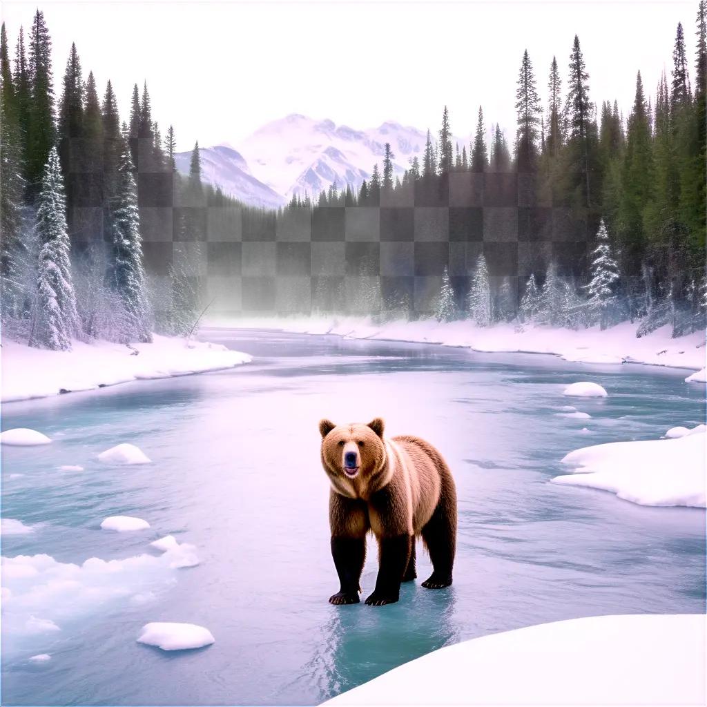 Bear standing in the water, surrounded by snow