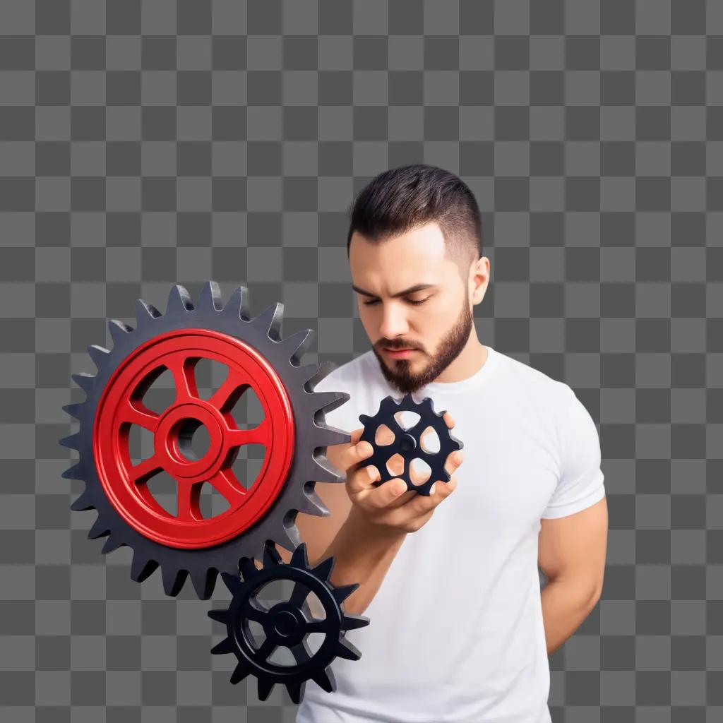 Bearded man with gears and hard work on his face