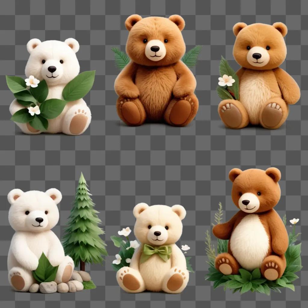 Bears with green leaves in a forest scene