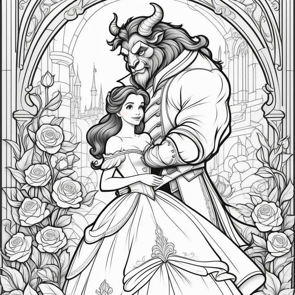 Beauty and the Beast coloring page with a woman and a man