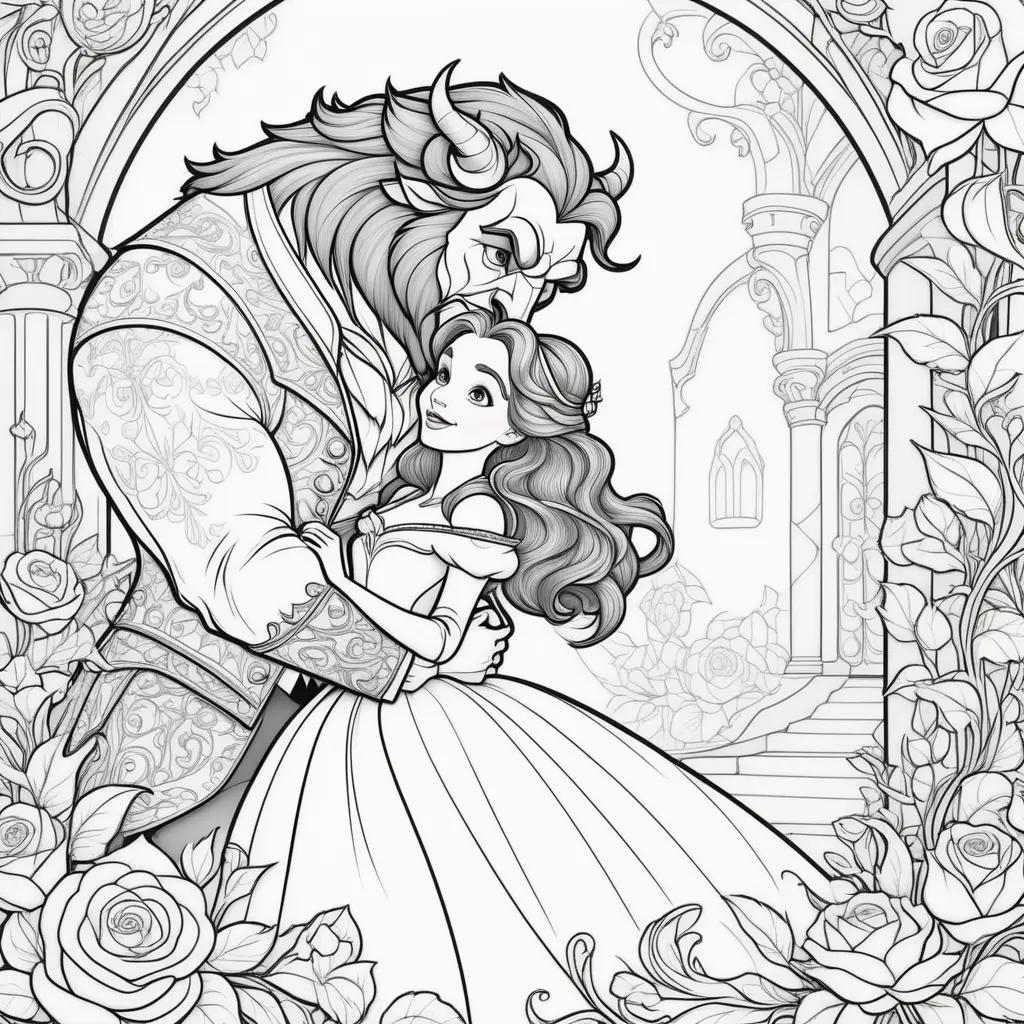 Beauty and the Beast coloring pages with rose flowers