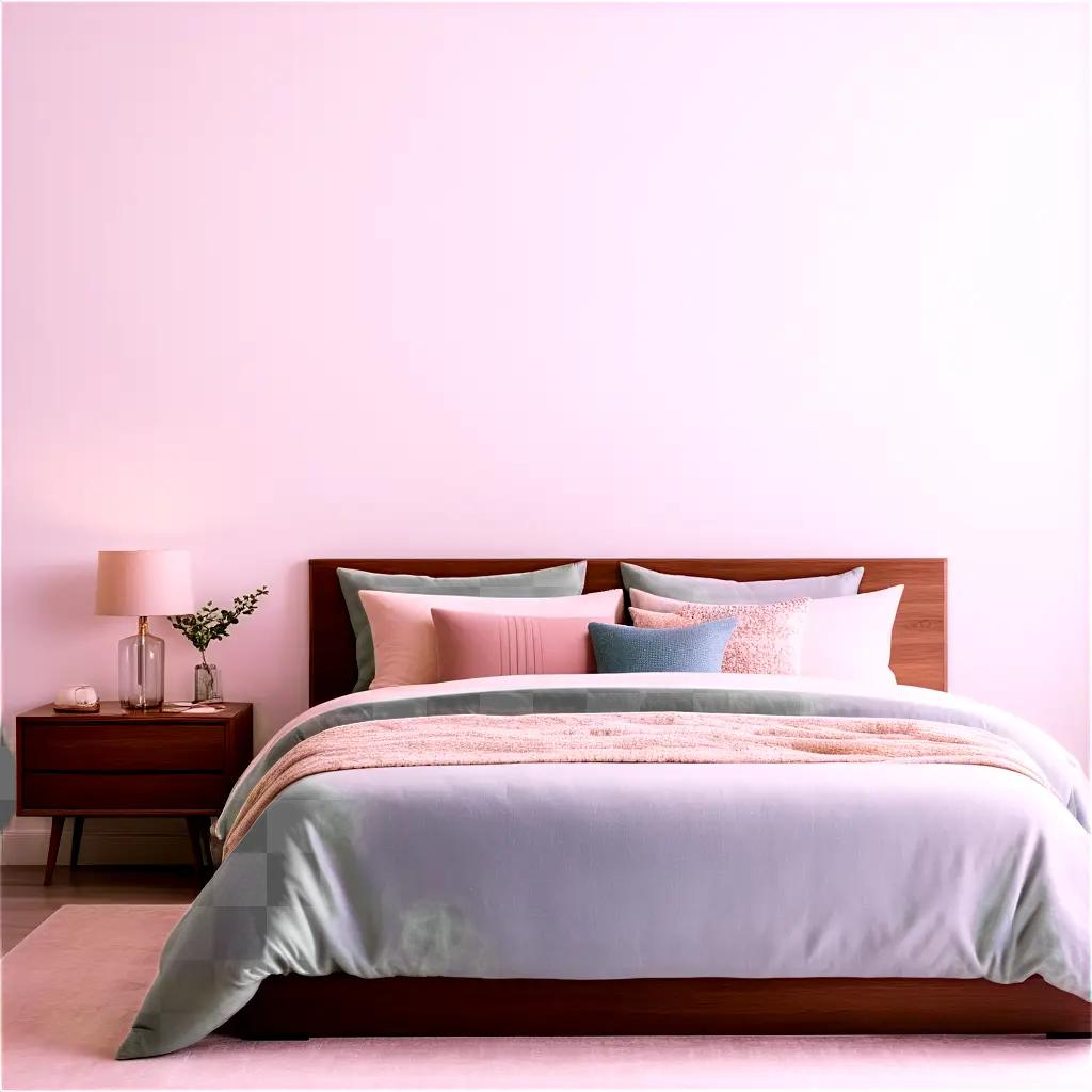 Bedroom with pink wall and neatly made bed