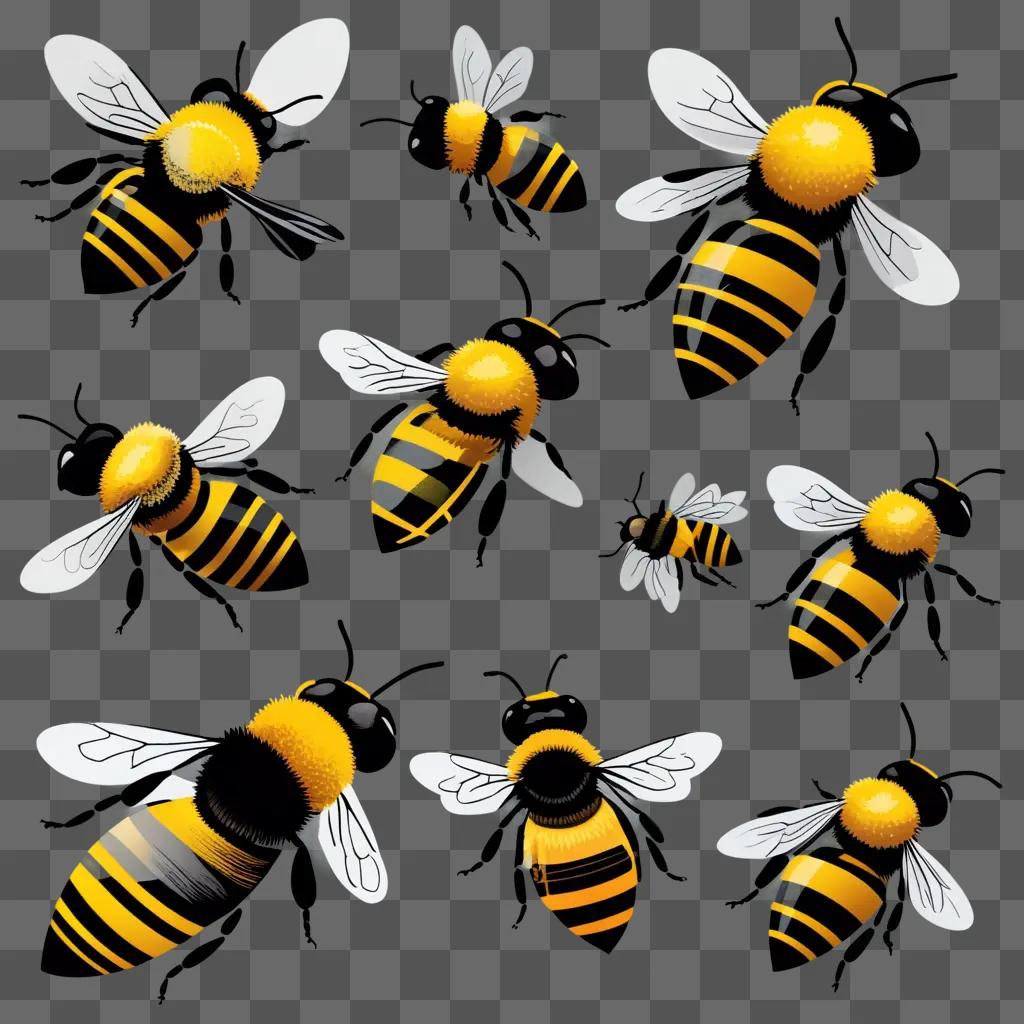 Bee clipart with many black and yellow bees