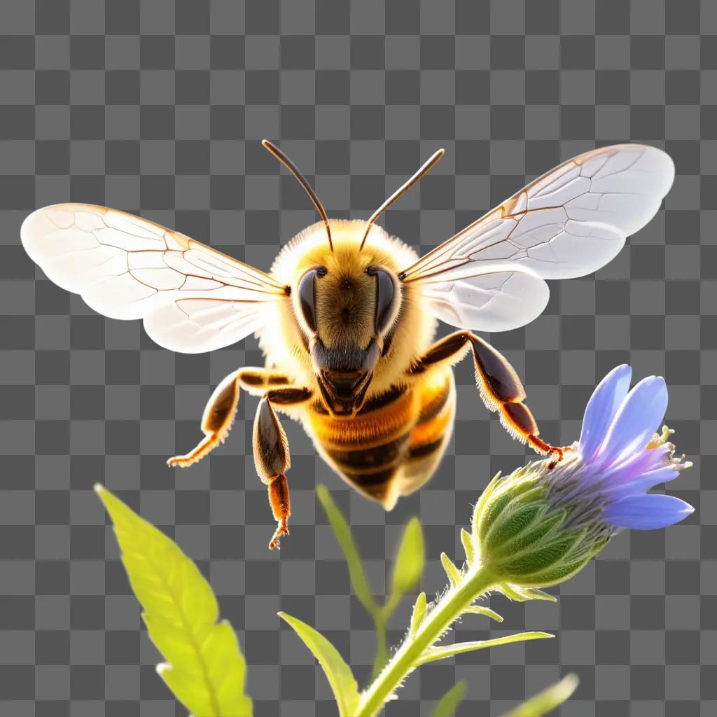 Bee flying through a field with a blue flower