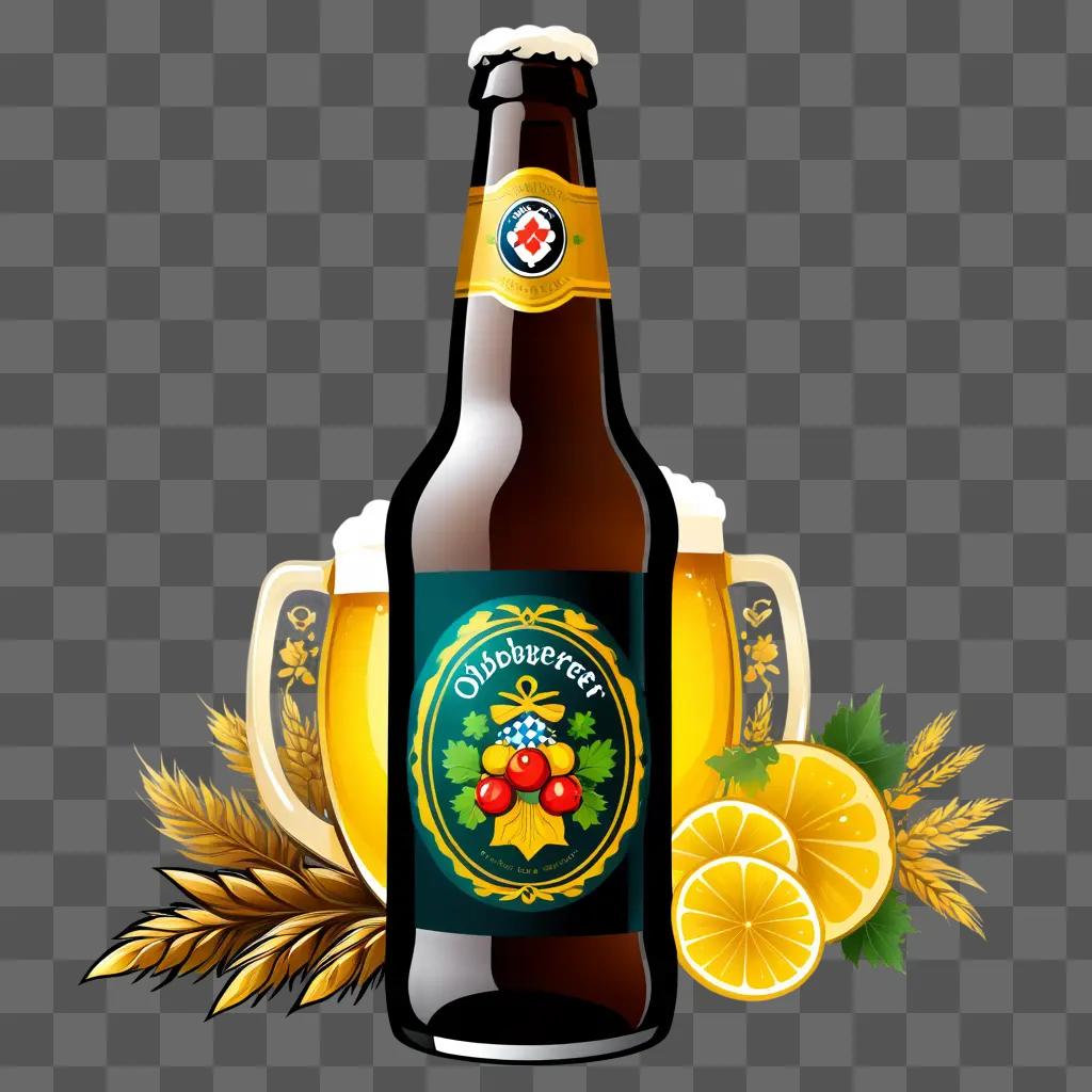 Beer bottle and glass with a lemon in a green background