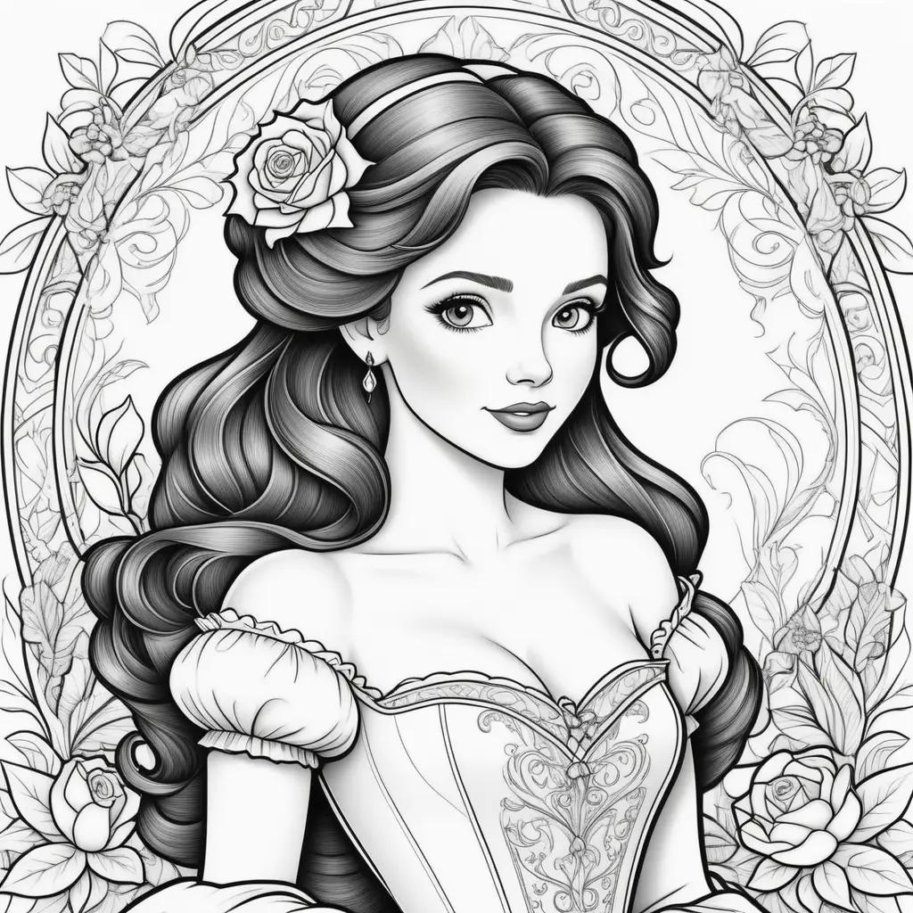 Belle coloring page with a floral background and a rose