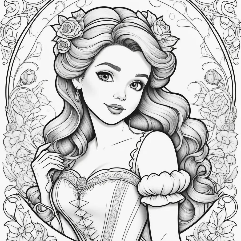 Belle coloring page with roses and a crown