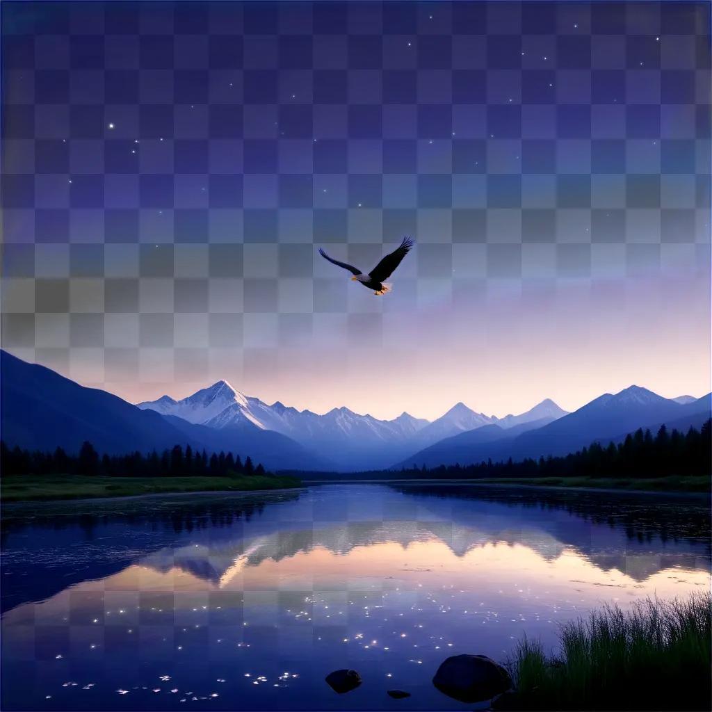 Bird soaring over reflection of mountain range and lake