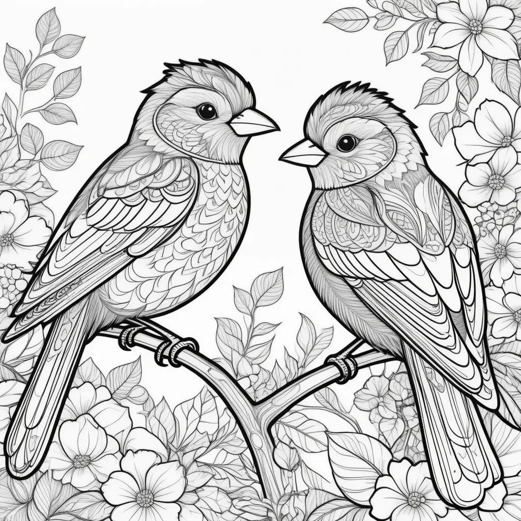 Birds coloring pages with black and white illustrations of birds and flowers