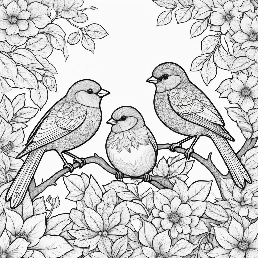 Birds coloring pages with flowers, leaves and branches