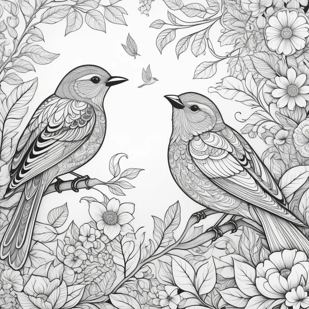 Birds coloring pages with flowers in the background