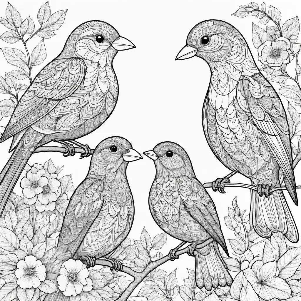 Birds in a floral scene on coloring pages