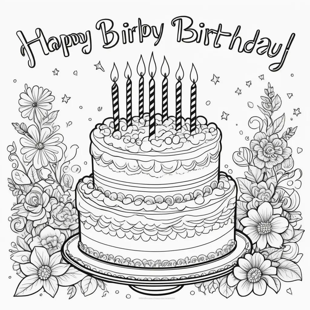 Birthday Cake Coloring Page with Happy Birthday