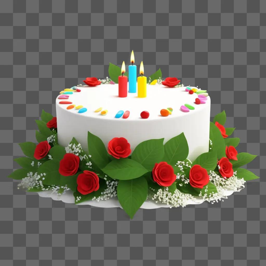 Birthday Cake with Candles and Flowers on a Green Background