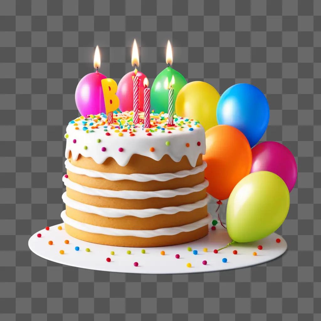 Birthday Cake with lit candles and colorful balloons