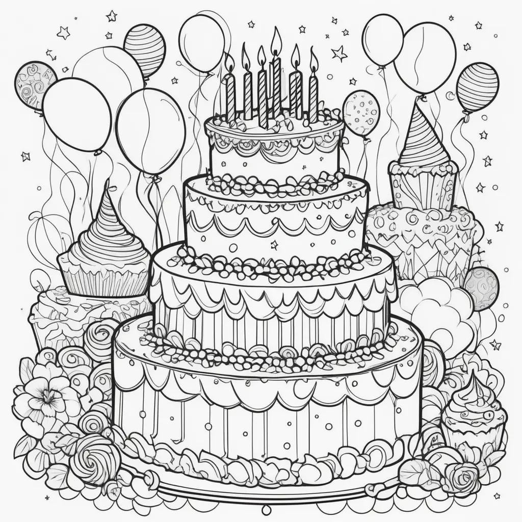 Birthday Coloring Page with Candles, Cupcakes, and Balloons