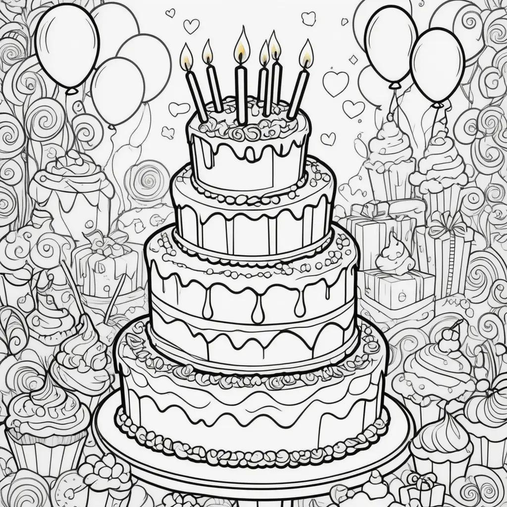 Birthday cake and cupcakes in coloring pages