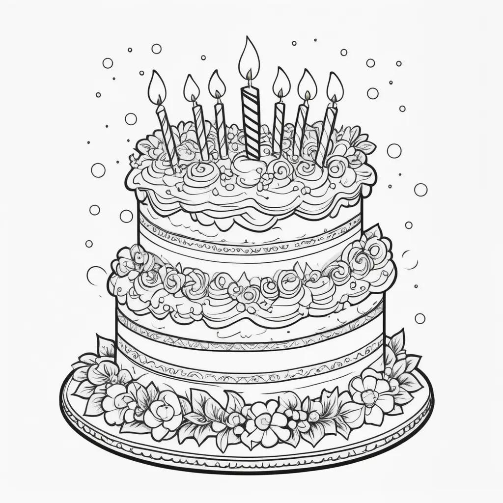 Birthday cake coloring page in black and white