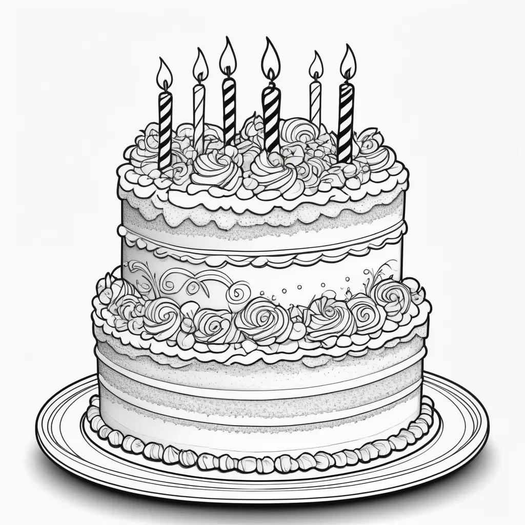 Birthday cake coloring page with black and white design