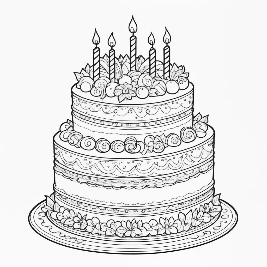 Birthday cake coloring page with black and white design