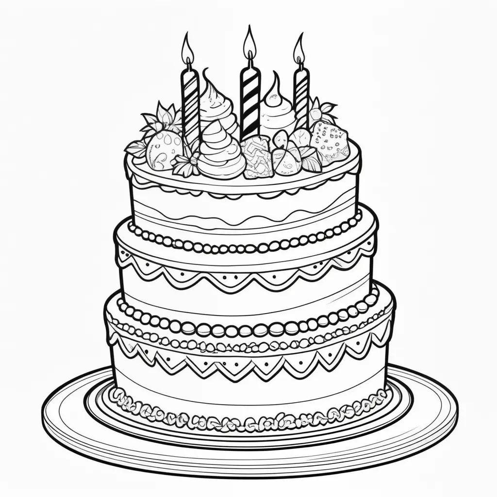 Birthday cake coloring page with black and white illustration