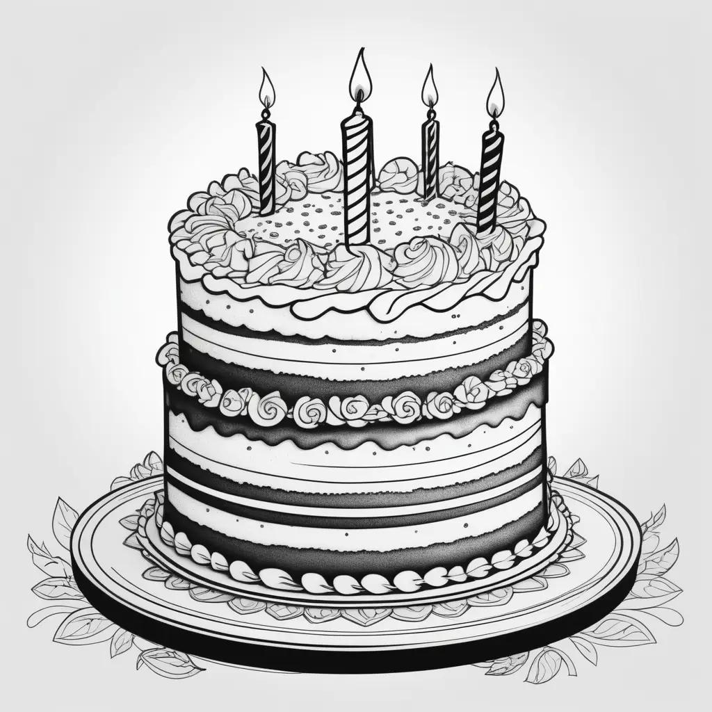 Birthday cake coloring page with black and white illustration