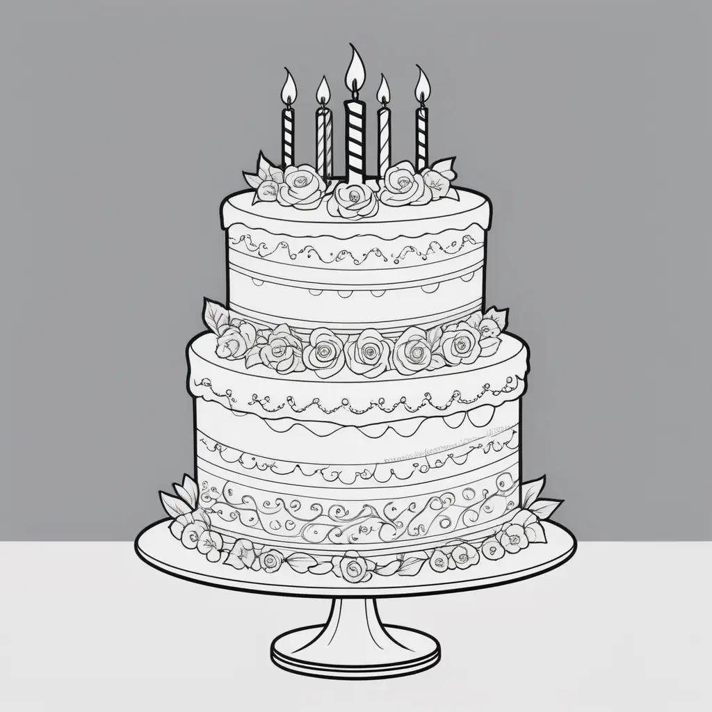 Birthday cake coloring page with black and white sketch