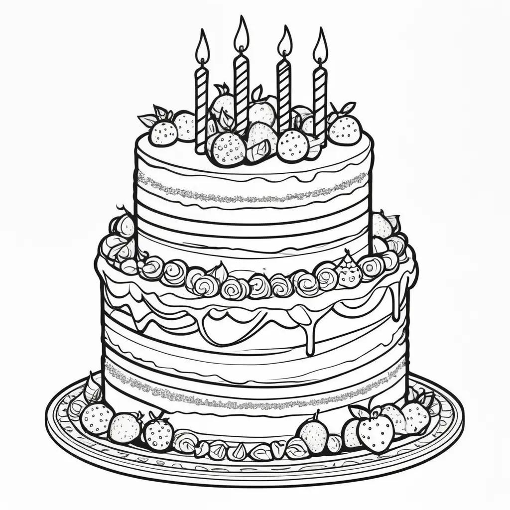 Birthday cake coloring page with candles and berries