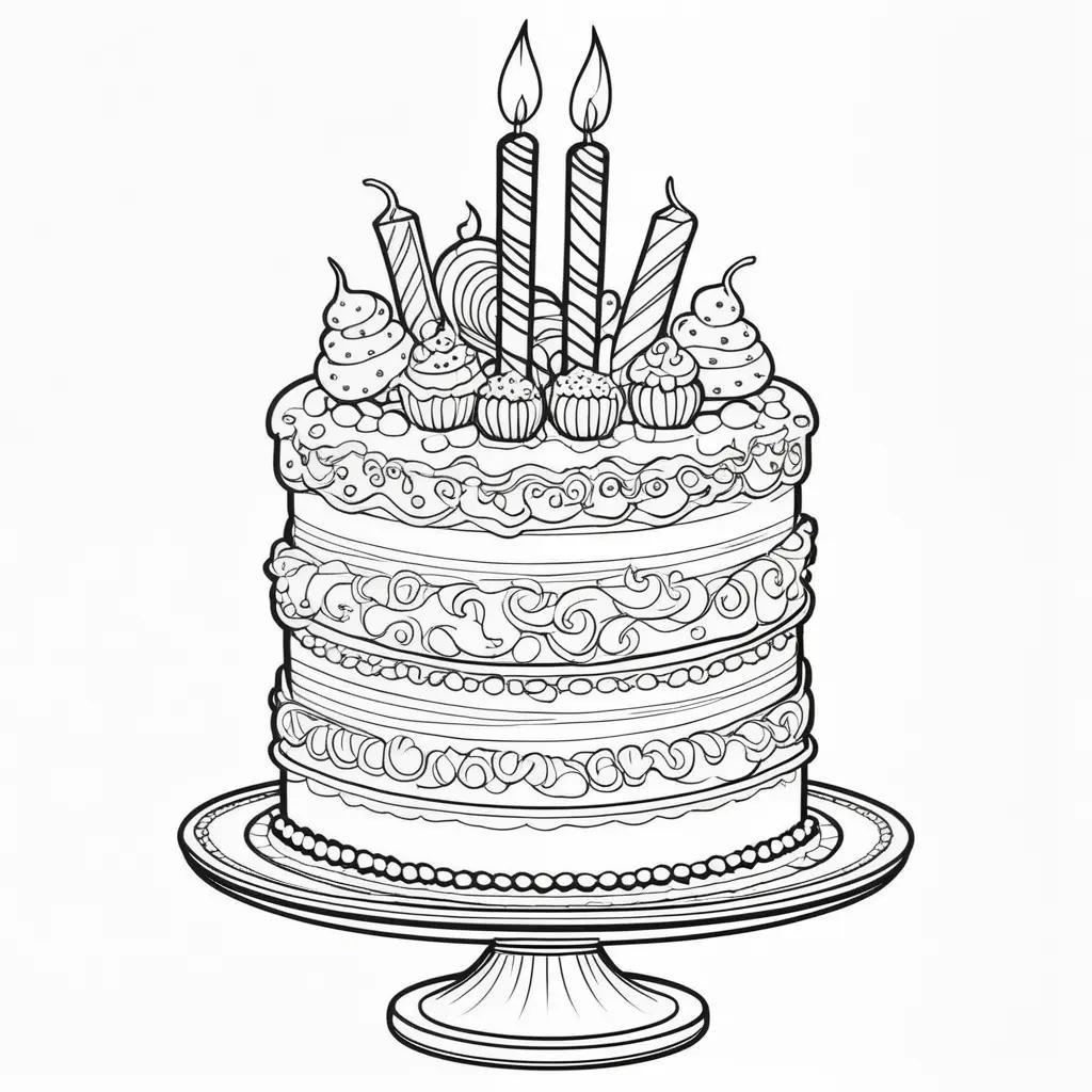 Birthday cake coloring page with candles and cupcakes