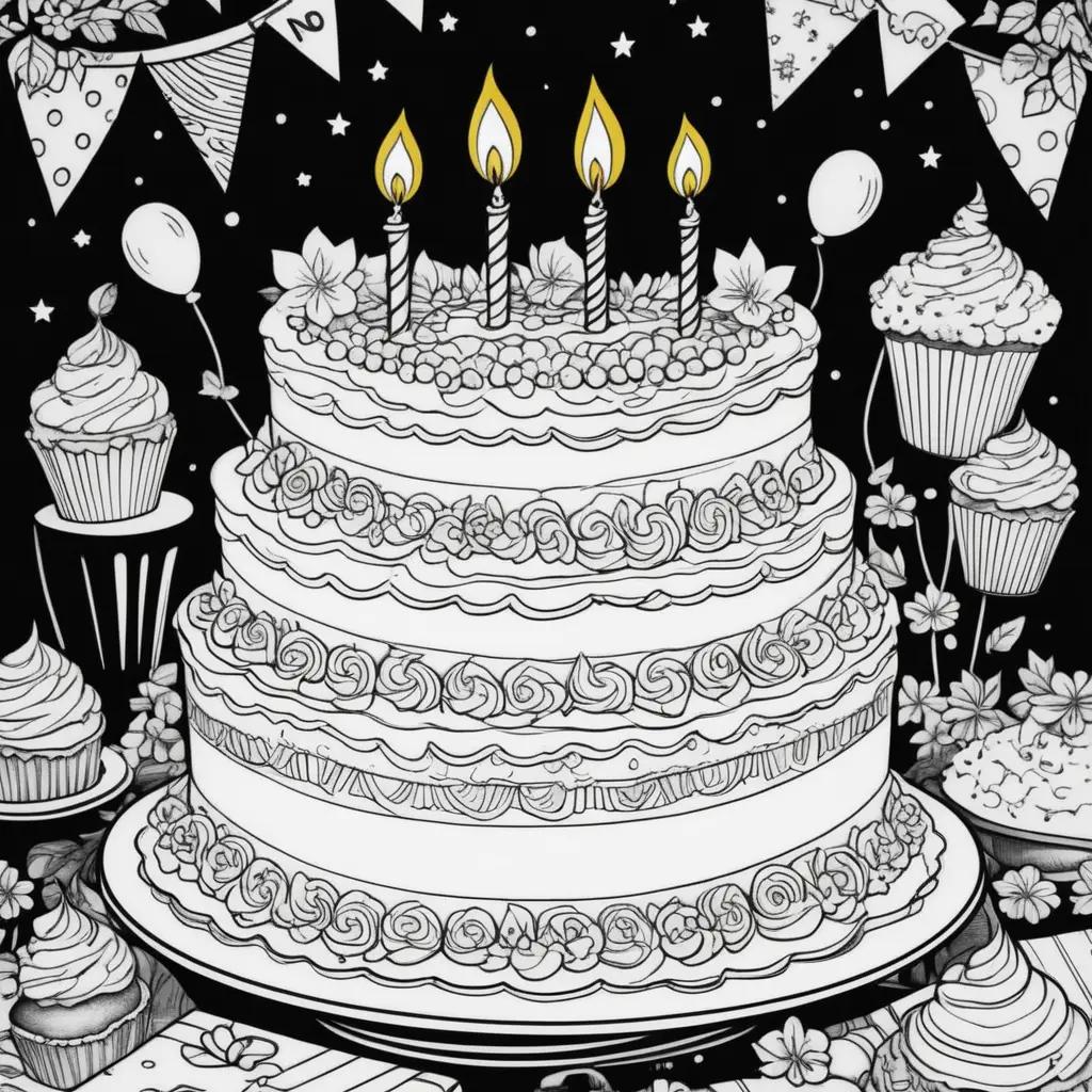 Birthday cake coloring page with candles and cupcakes