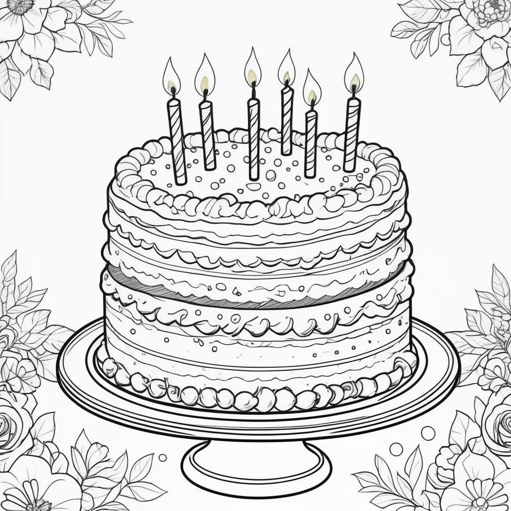 Birthday cake coloring page with candles and flowers