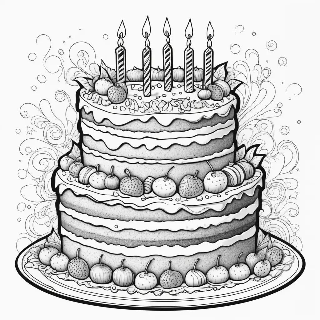 Birthday cake coloring page with candles and fruits