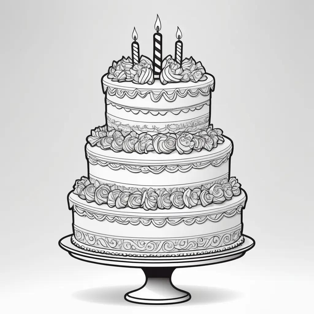 Birthday cake coloring page with three candles