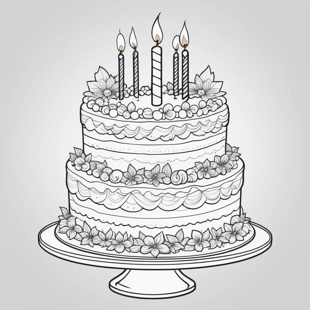 Birthday cake coloring page with three candles