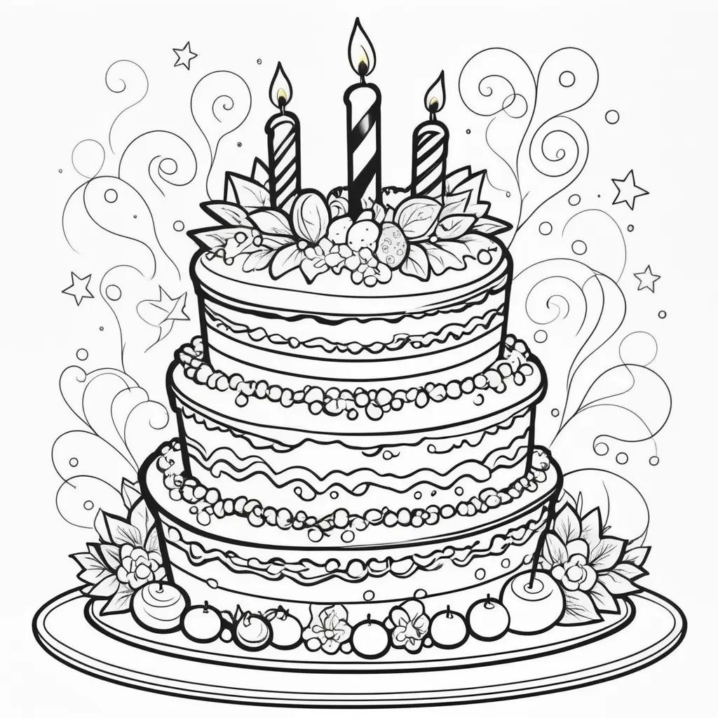 Birthday cake coloring pages with black and white drawing