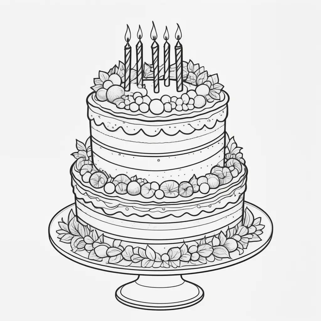 Birthday cake coloring pages with black and white illustrations