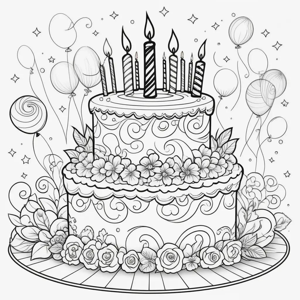 Birthday cake coloring pages with candles and flowers