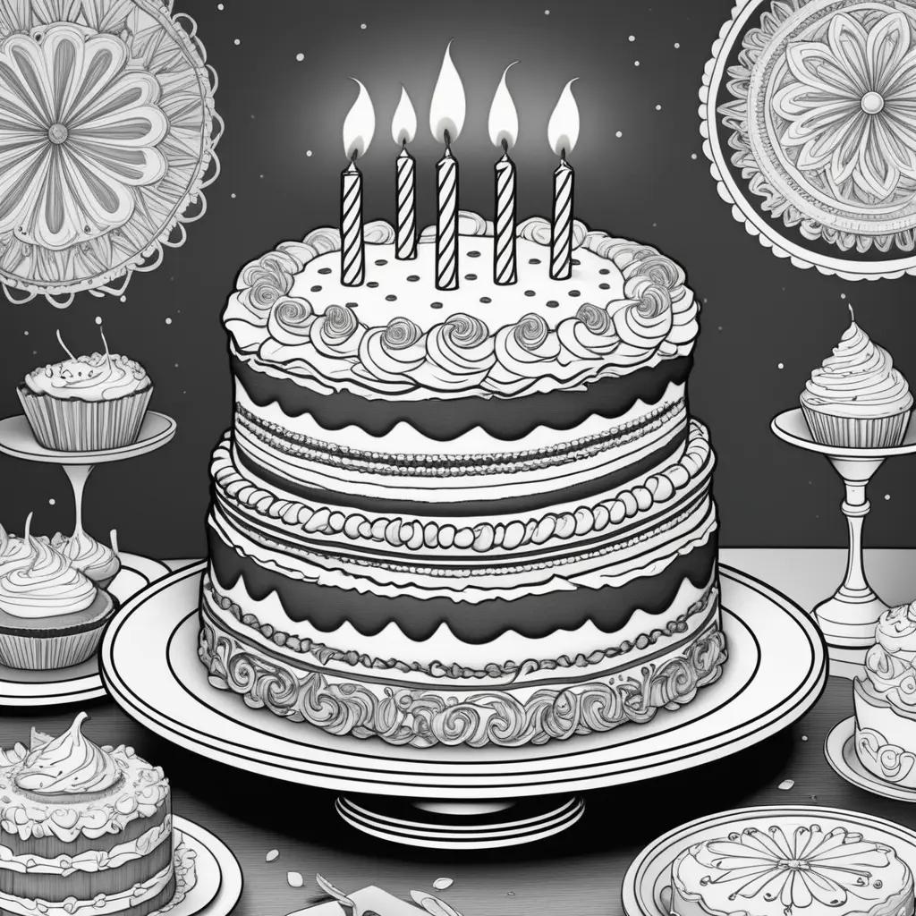 Birthday cake on a colorful birthday party coloring page