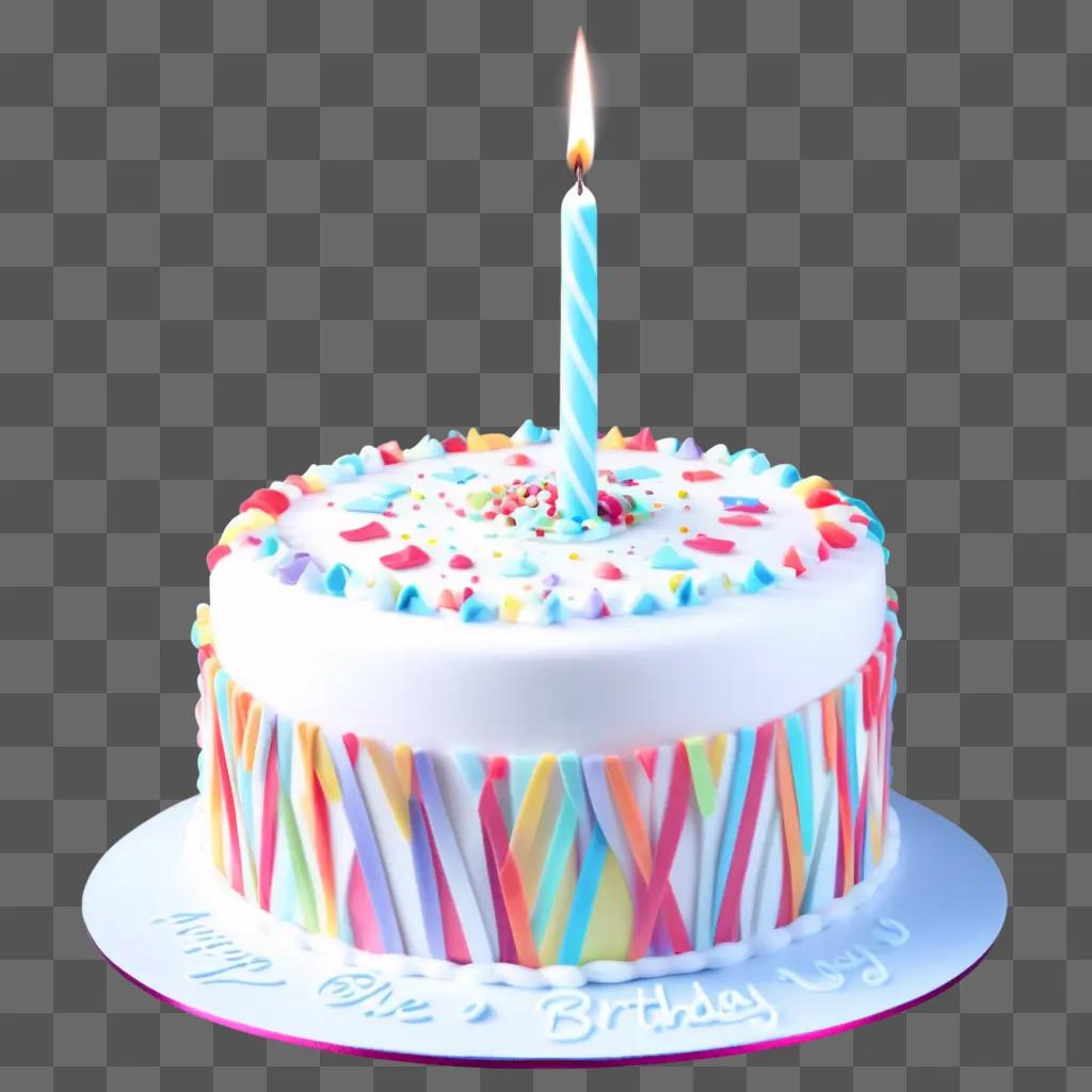 Birthday cake with a lit candle, made of white and colored frosting