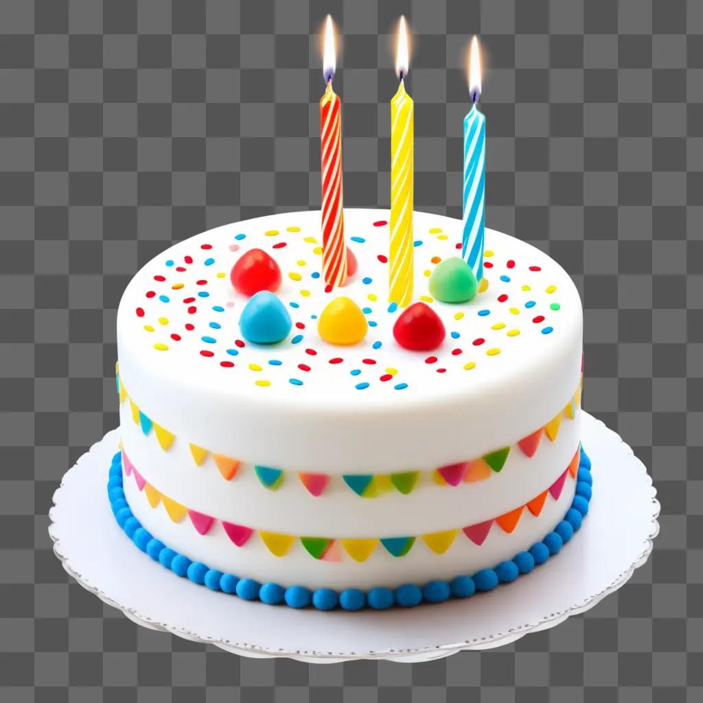 Birthday cake with candles, colorful candies and decorations