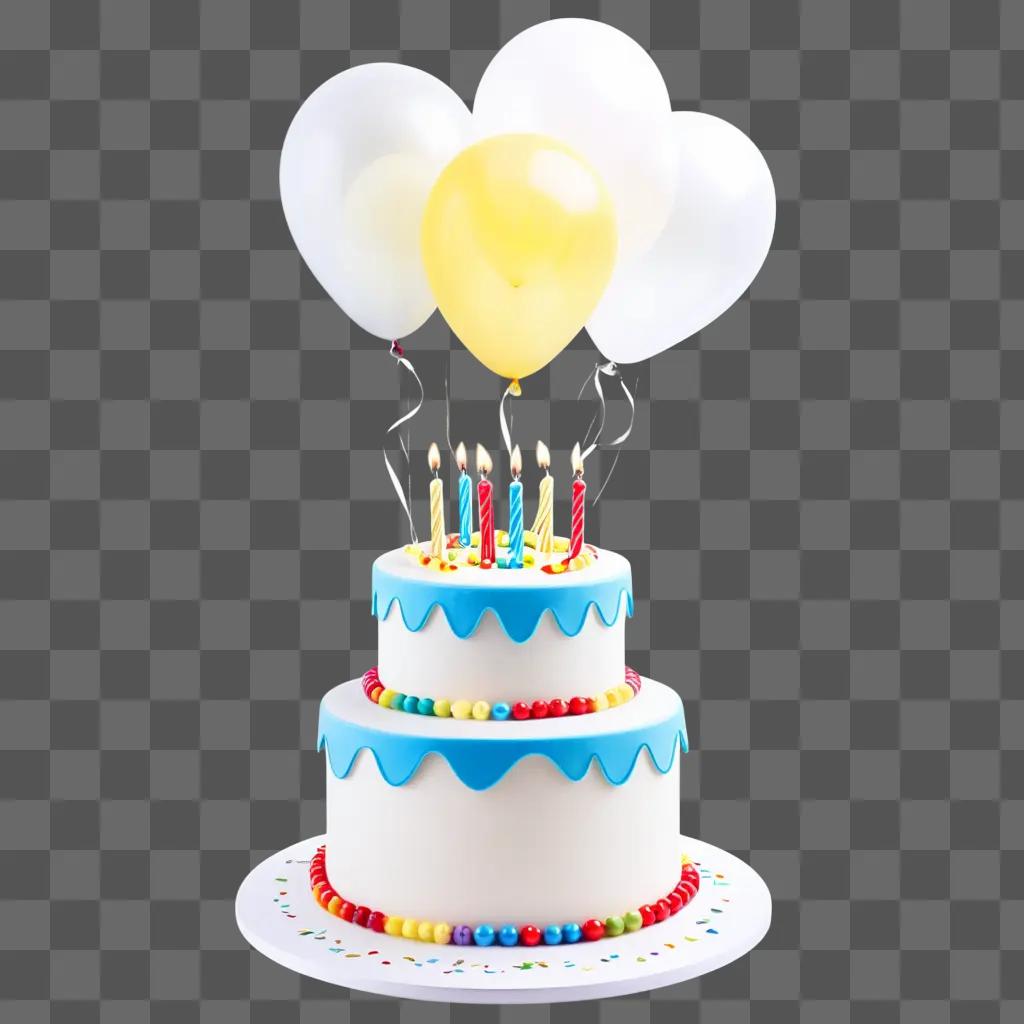 Birthday cake with candles and balloons