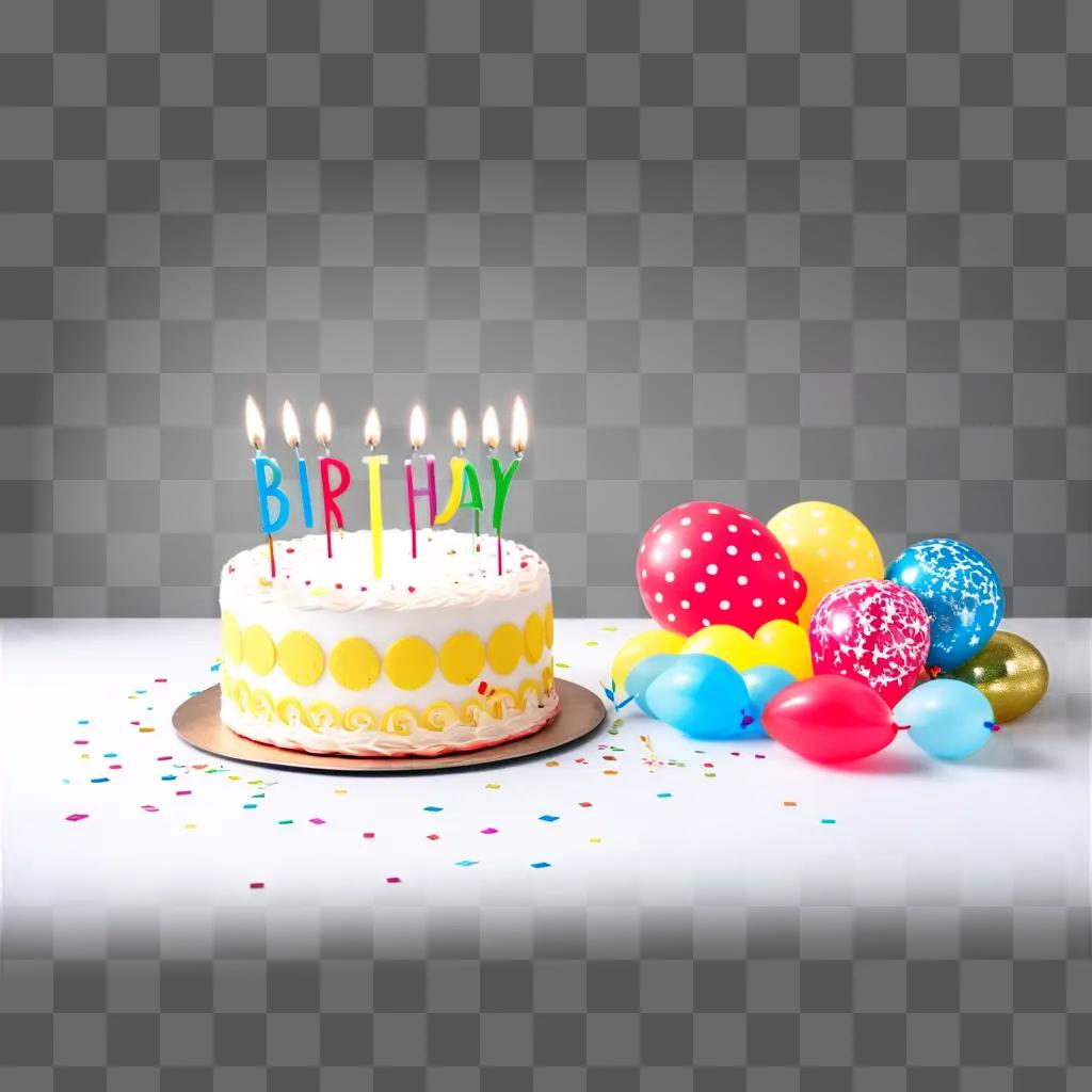 Birthday cake with candles and balloons in white background