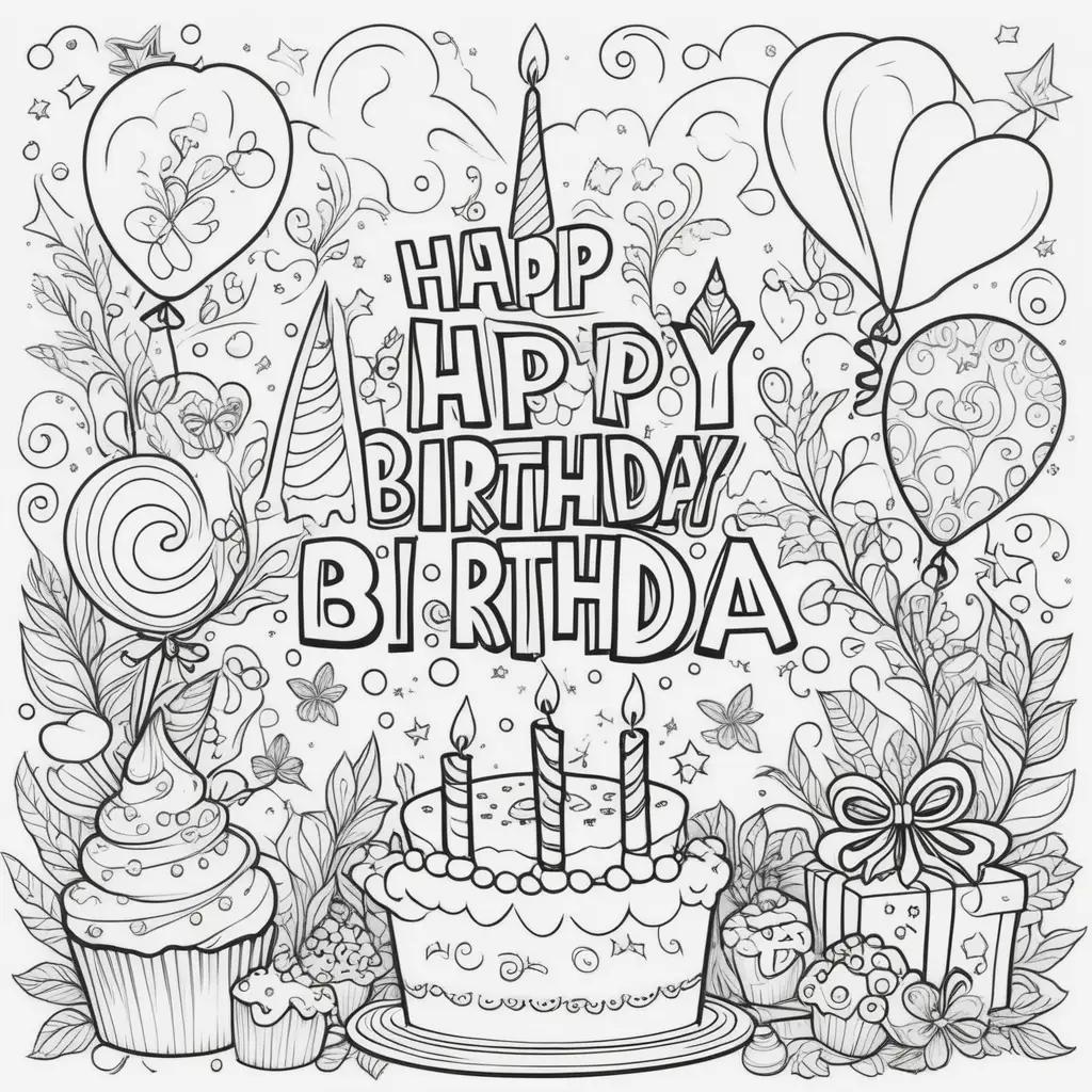 Birthday cake with candles and balloons on a black and white coloring page