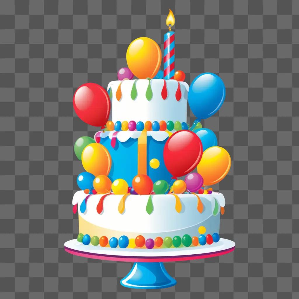 Birthday cake with colorful balloons and lit candle