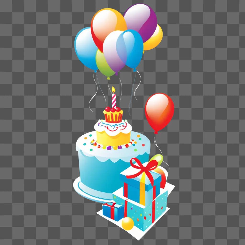 Birthday cake with colorful balloons and presents