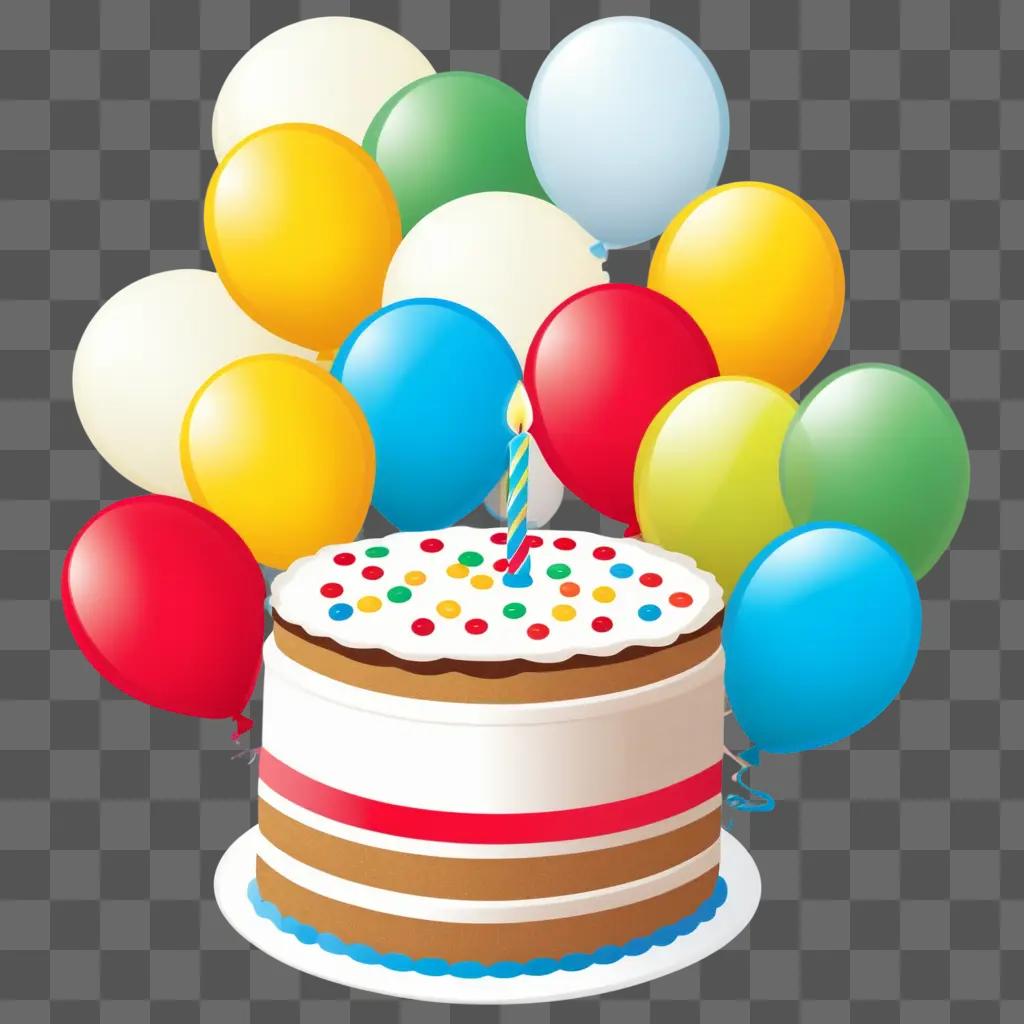 Birthday cake with colorful balloons in background