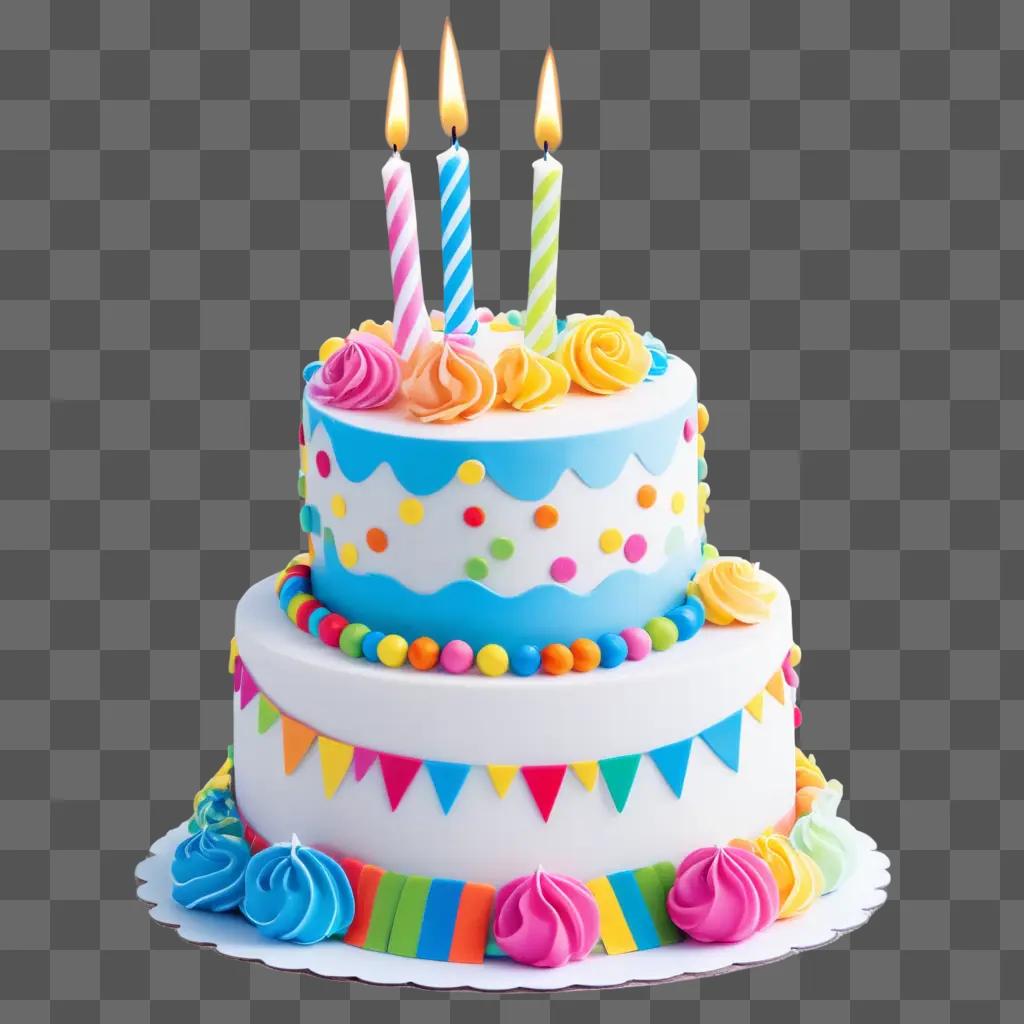 Birthday cake with colorful candles and decorations